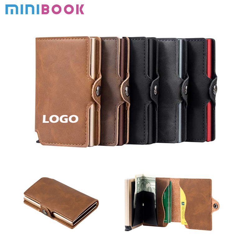 Slim custom smart card holder aluminium pop up PU leather men security credit card holder display wallet wallet with card holder