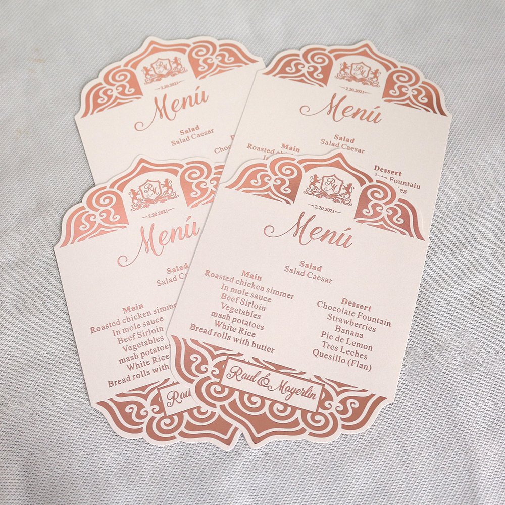 Creative Shape 5*7 Inches Place Setting Menu Cards DIY Elegant Design for Wedding Dinner Receptions, Events with Blush Pink foil