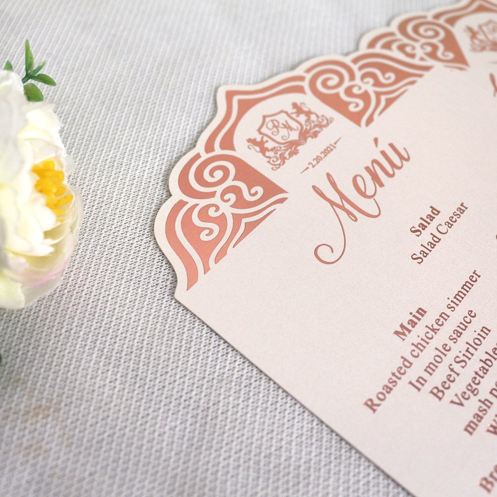 Creative Shape 5*7 Inches Place Setting Menu Cards DIY Elegant Design for Wedding Dinner Receptions, Events with Blush Pink foil
