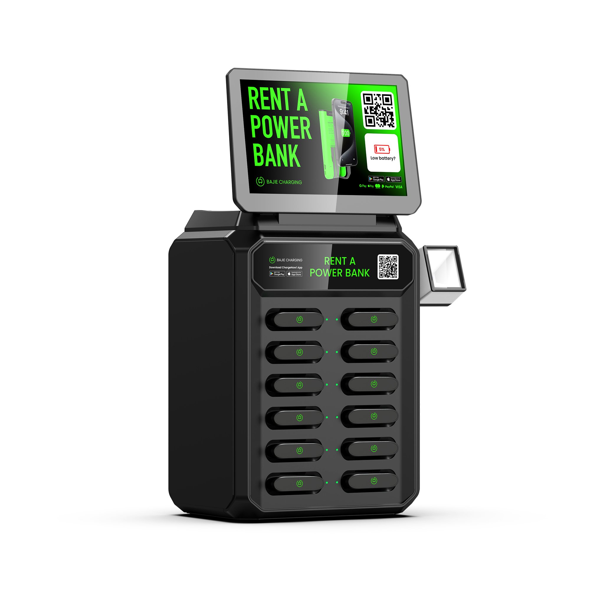 Bajie charging 12 slots rental station with new pos with screen quick charging easy rental a power bank easy to rent and return