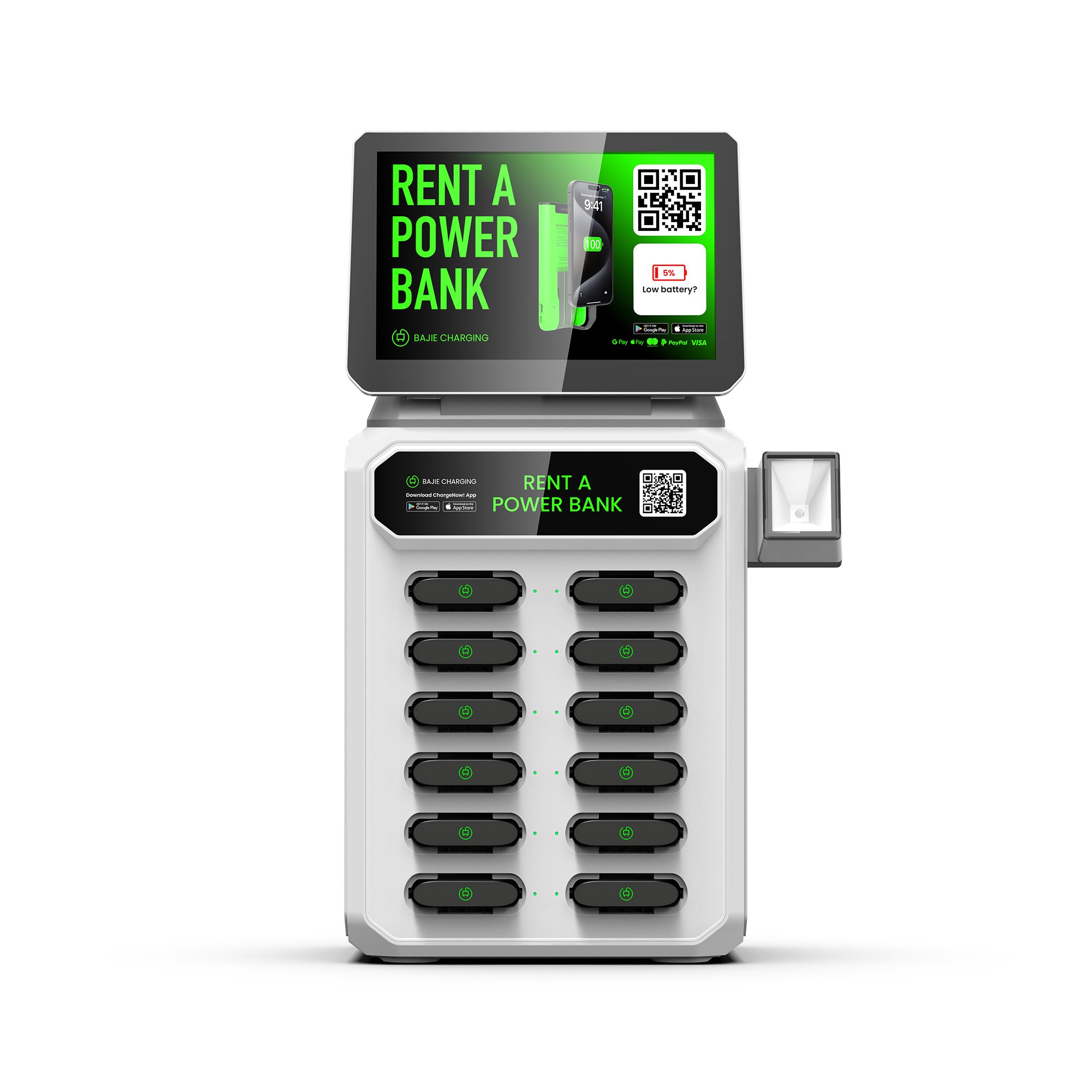 Bajie charging 12 slots rental station with new pos with screen quick charging easy rental a power bank easy to rent and return