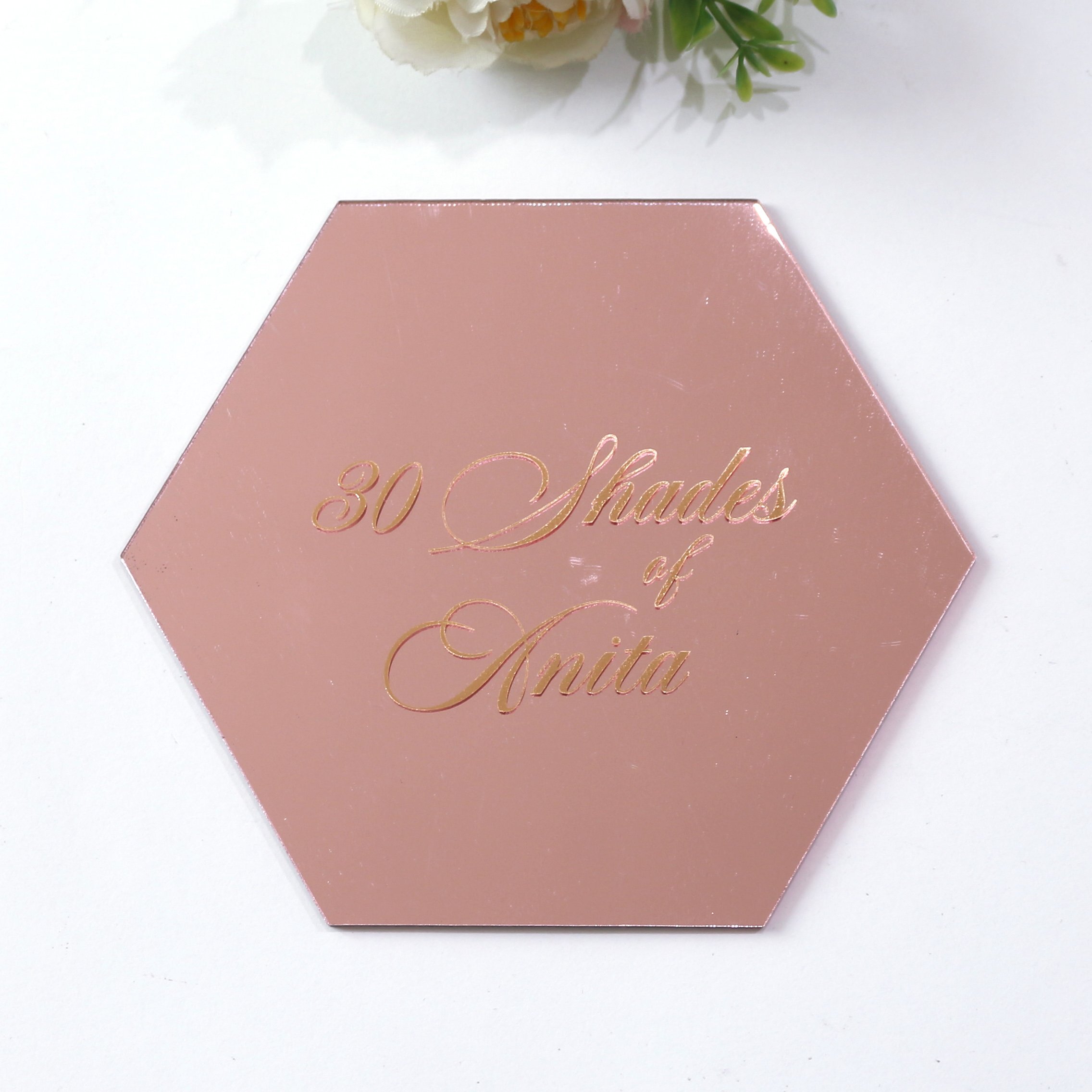 Personalised Wedding Favor Coaster Pink Hexagon Acrylic Wedding Name Place Card