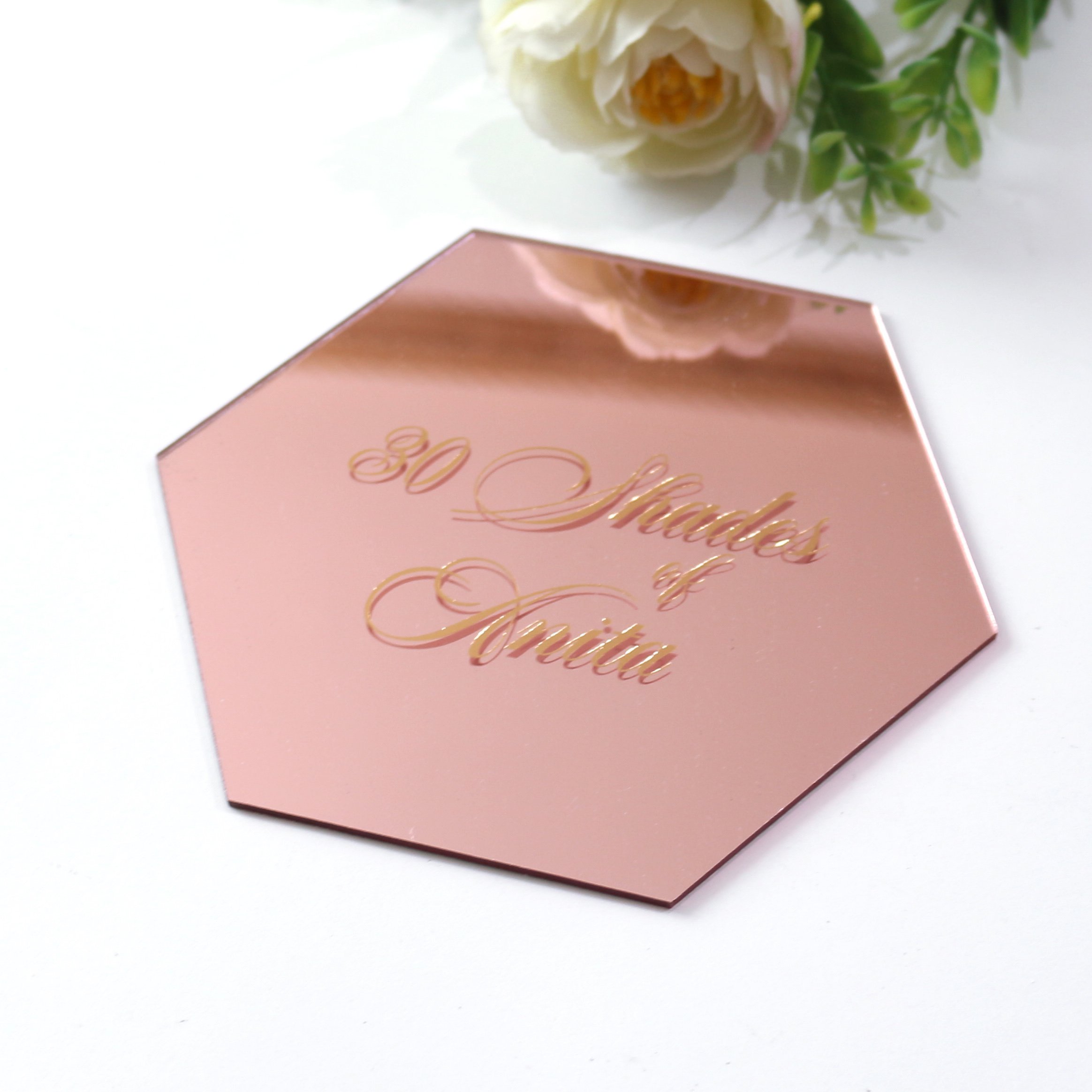 Personalised Wedding Favor Coaster Pink Hexagon Acrylic Wedding Name Place Card