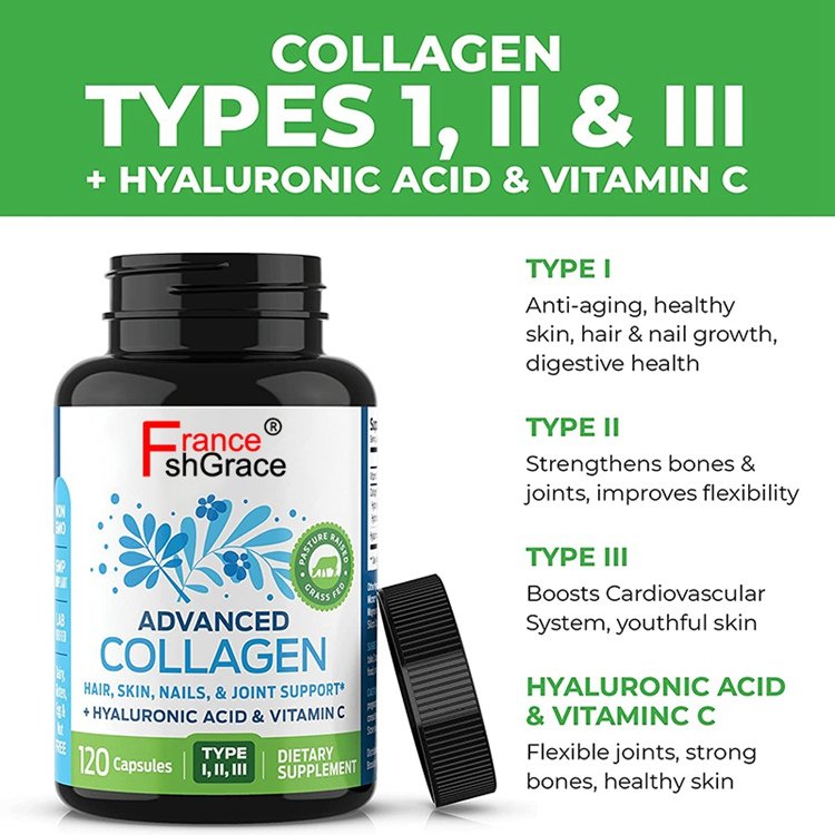 Dietary Supplement 120 Capsules Advanced Collagen Hyaluronic Acid Vitamin C