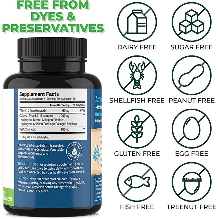 Dietary Supplement 120 Capsules Advanced Collagen Hyaluronic Acid Vitamin C