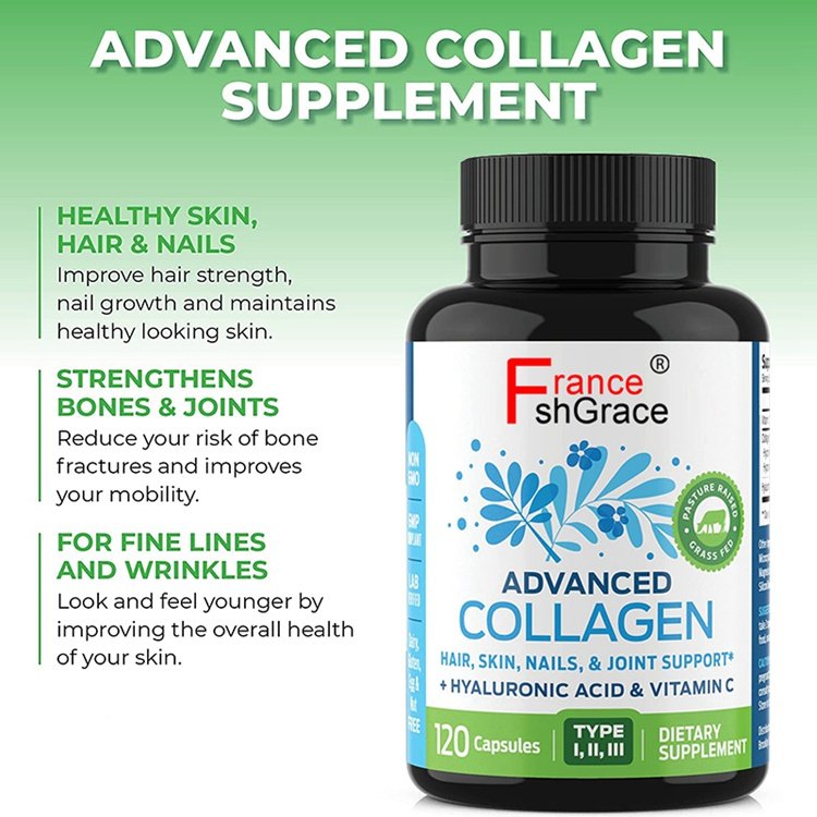 Dietary Supplement 120 Capsules Advanced Collagen Hyaluronic Acid Vitamin C