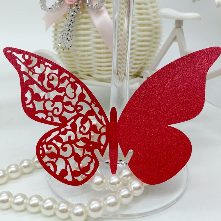 Red Butterfly wedding Pearl Paper Wine Glass Cup Cards Laser Cut Place Name Cards