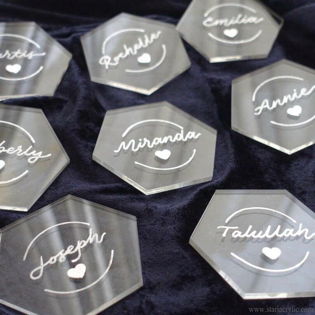 Laser Cut Hexagon Shape Clear Custom Printed Acrylic Place Cards Personalized Acrylic Business Cards Wedding Table Number