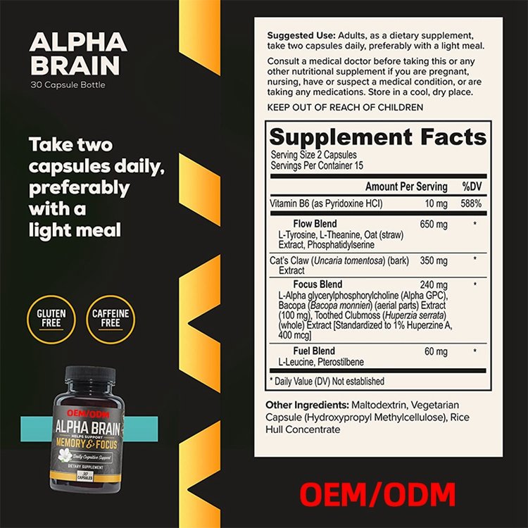 30 Count Premium Nootropic Brain Supplement Caffeine-Free Focus Capsules for Concentration Brain Booster Memory Support