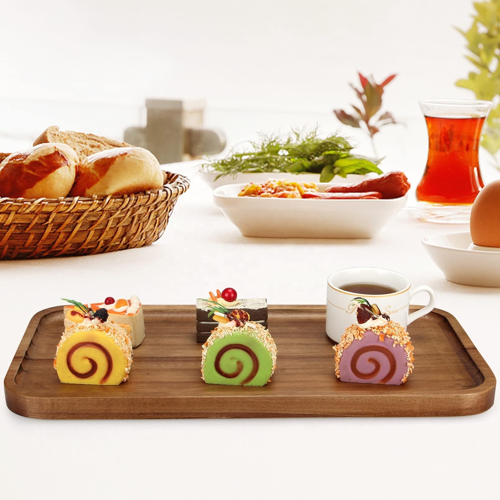 Best-selling factory wholesale custom new rectangular acacia wooden service trays decorated wood serving tray
