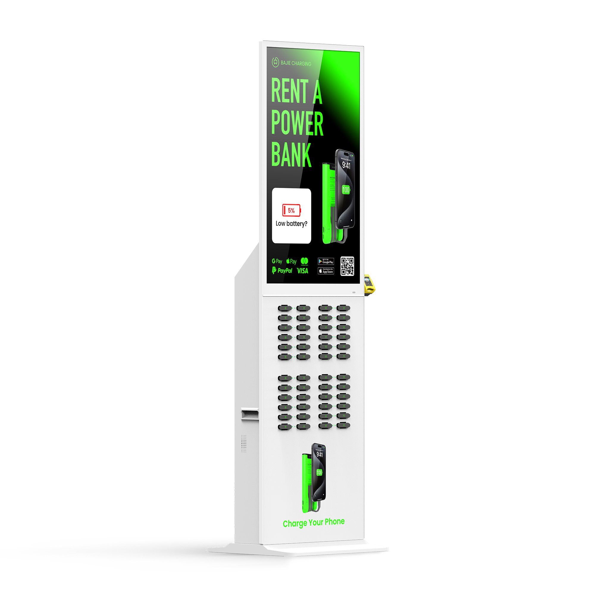 Airport 48 Slots Big Size LCD Advertising Screen Floor Standing Cell Phone Portable Power bank UV Charging Station Kiosk