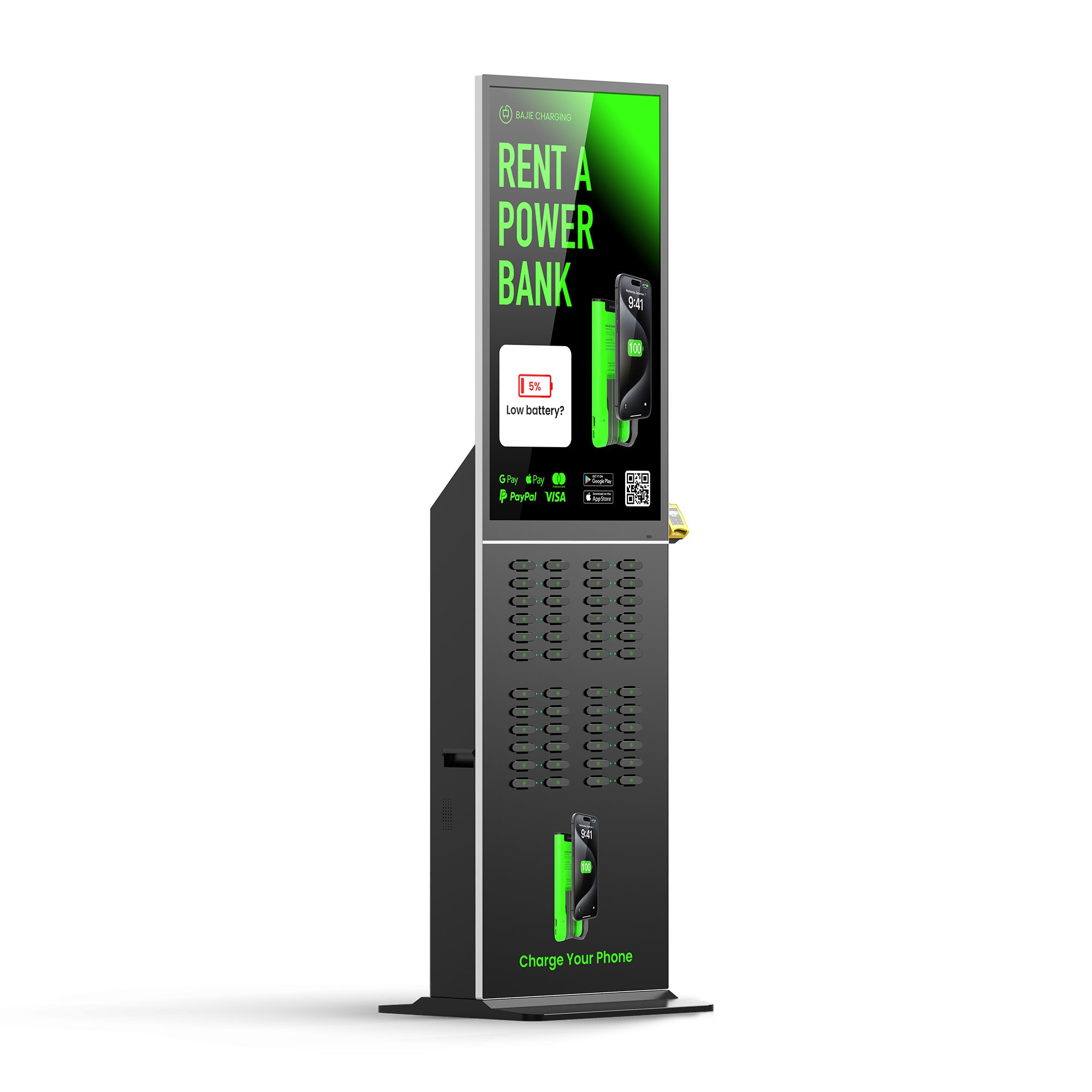 Airport 48 Slots Big Size LCD Advertising Screen Floor Standing Cell Phone Portable Power bank UV Charging Station Kiosk