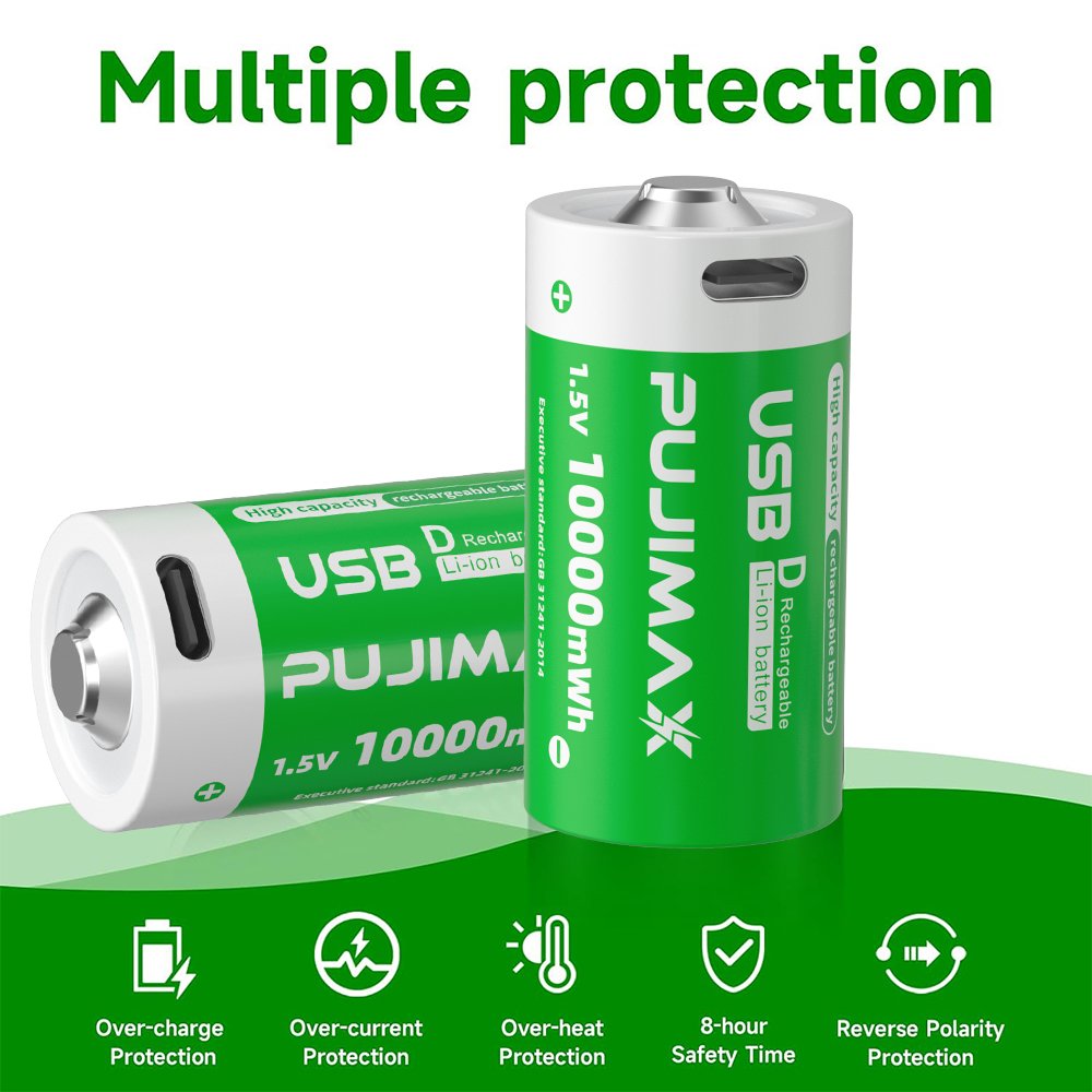 PUJIMAX Hot Selling D Type Gas Stove Flashlight Batteries 1.5V 10000mWh USB D Rechargeable Lithium Ion Batteries