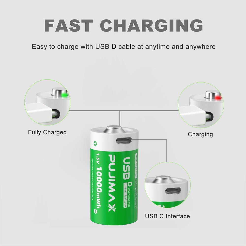 PUJIMAX Hot Selling D Type Gas Stove Flashlight Batteries 1.5V 10000mWh USB D Rechargeable Lithium Ion Batteries