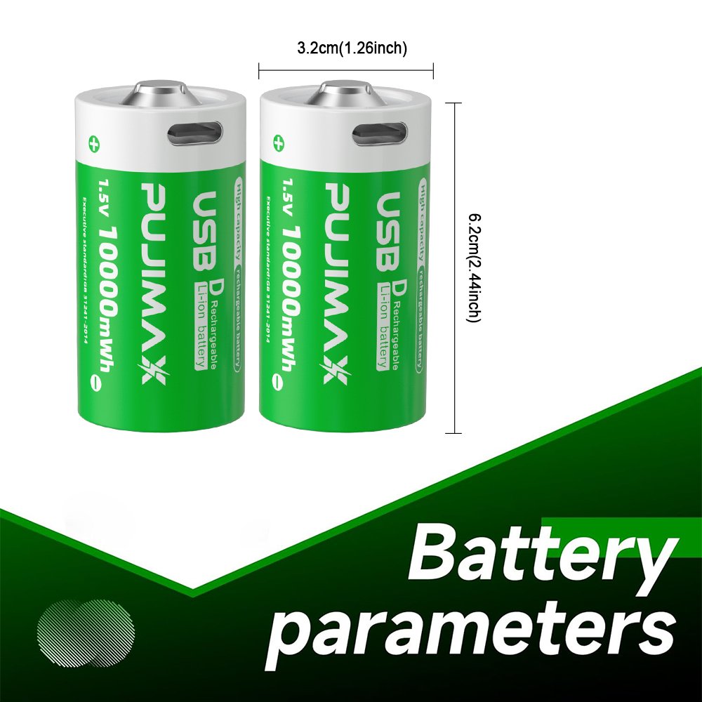 PUJIMAX Hot Selling D Type Gas Stove Flashlight Batteries 1.5V 10000mWh USB D Rechargeable Lithium Ion Batteries