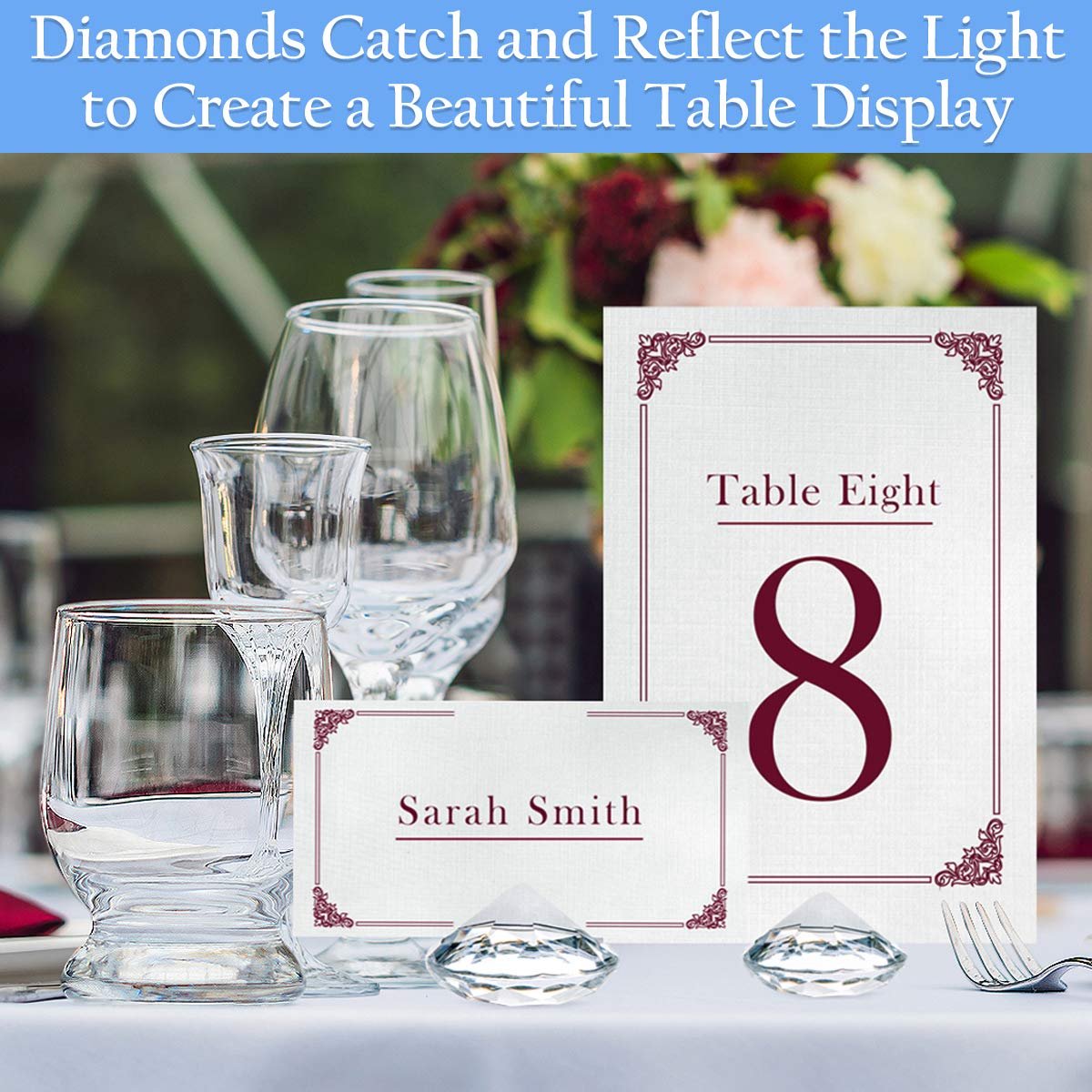 Crystal Clear Acrylic Luxury Diamond Place Card or Table Number Holder 20 Pack with Matching Diamond Table Confetti