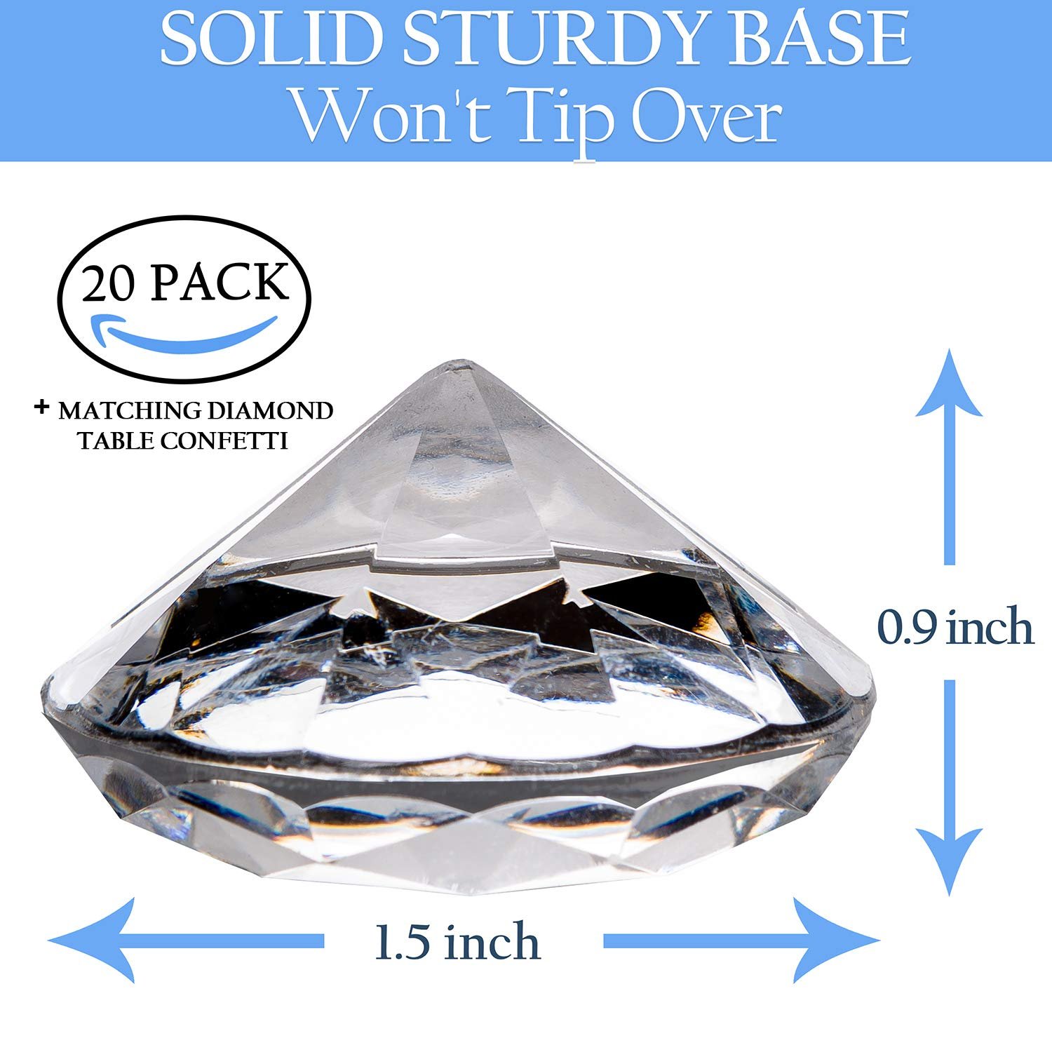 Crystal Clear Acrylic Luxury Diamond Place Card or Table Number Holder 20 Pack with Matching Diamond Table Confetti