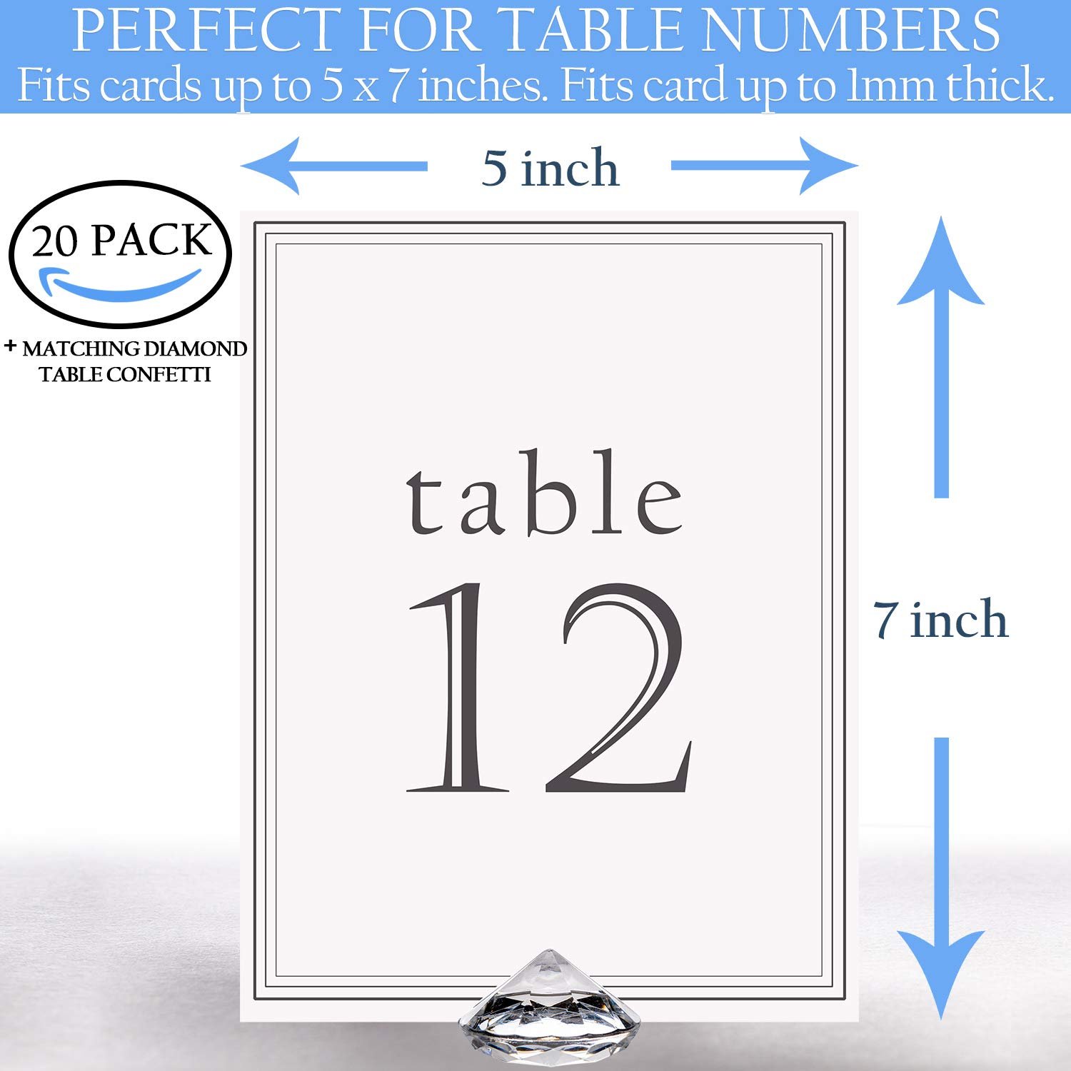 Crystal Clear Acrylic Luxury Diamond Place Card or Table Number Holder 20 Pack with Matching Diamond Table Confetti
