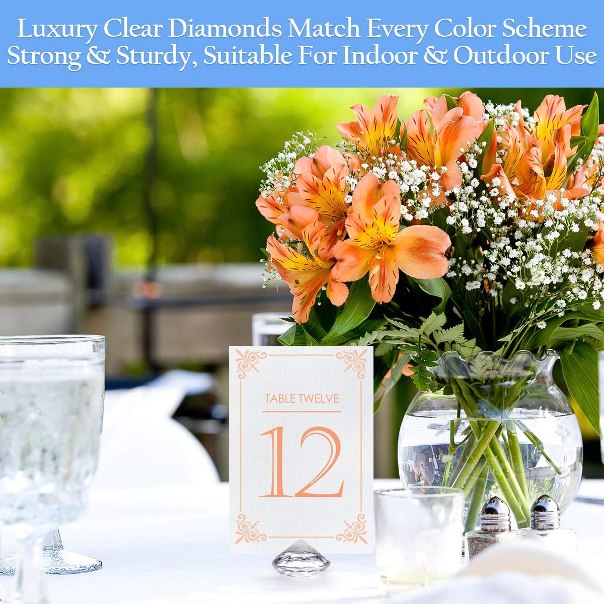 Crystal Clear Acrylic Luxury Diamond Place Card or Table Number Holder 20 Pack with Matching Diamond Table Confetti
