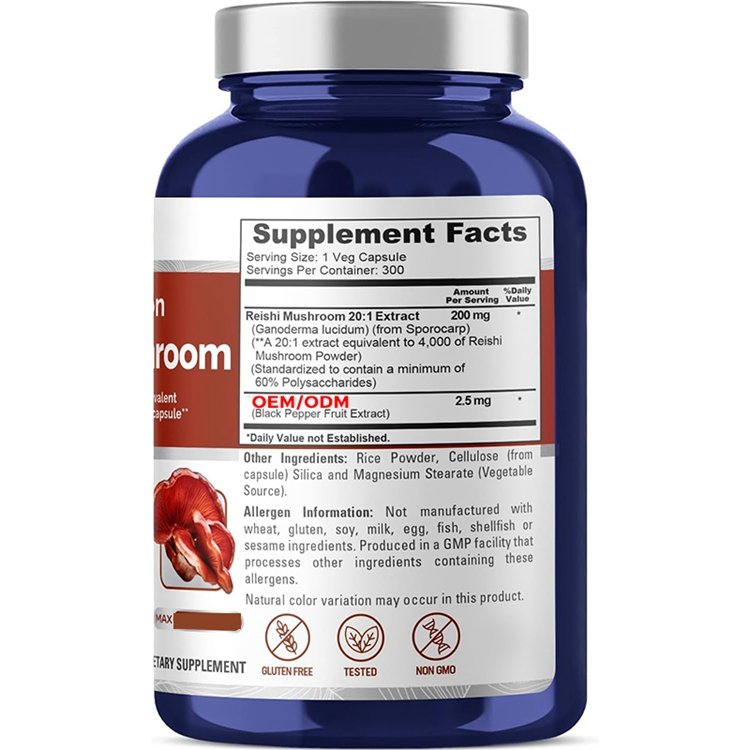 Vegan Non-GMO & Gluten-Free Reishi Mushroom Extract 4000mg Per Capsule 300 Veggie Caps
