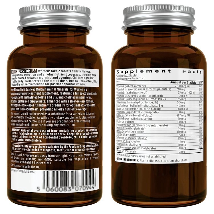 60 Tablets Women's Multivitamin Methylated Folate for MTHFR Clean Label & Vegan with Iron