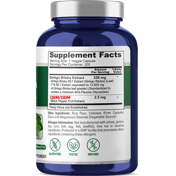 Vegetarian Non-GMO Gluten Free & Extract Ginkgo Biloba Extract 12500mg Per Veggie Caps 200 Capsules