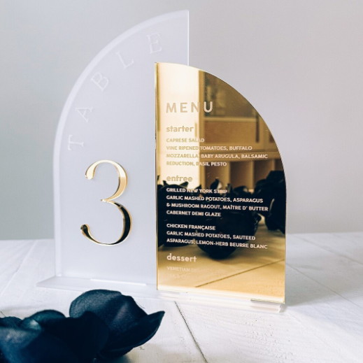 Customized Acrylic Arched Frosted Gold Mirror Wedding Table Numbers With Menu Sign Acrylic Table Numbers