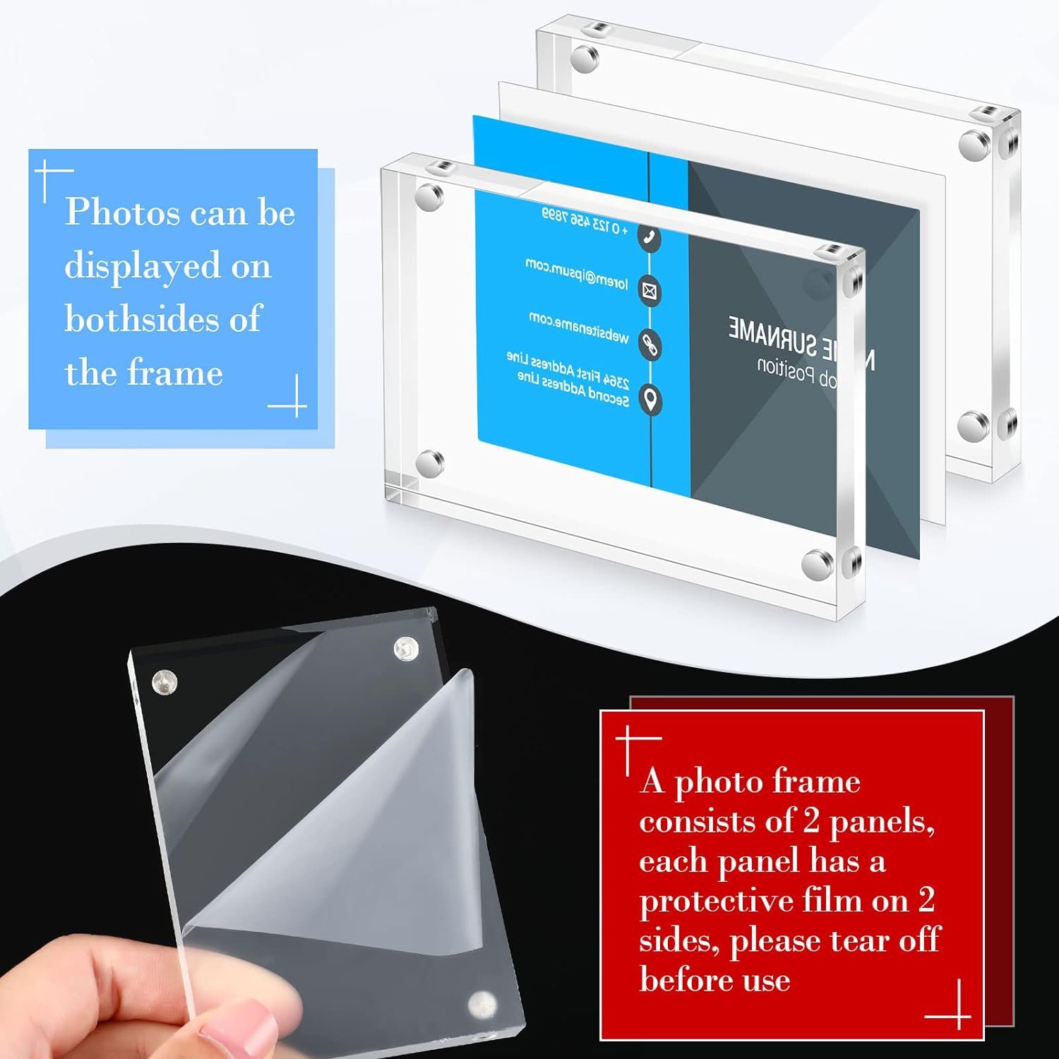 Acrylic Business Card Frame 2.5 x 3.5 inch Clear Double Sided Block Set, 20mm Thickness Frameless Magnetic Photo Frames