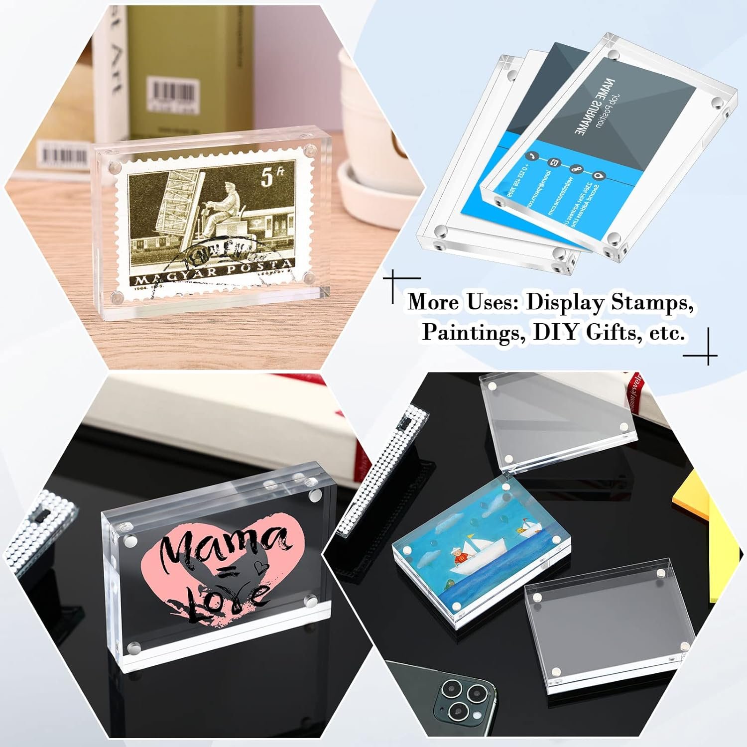 Acrylic Business Card Frame 2.5 x 3.5 inch Clear Double Sided Block Set, 20mm Thickness Frameless Magnetic Photo Frames
