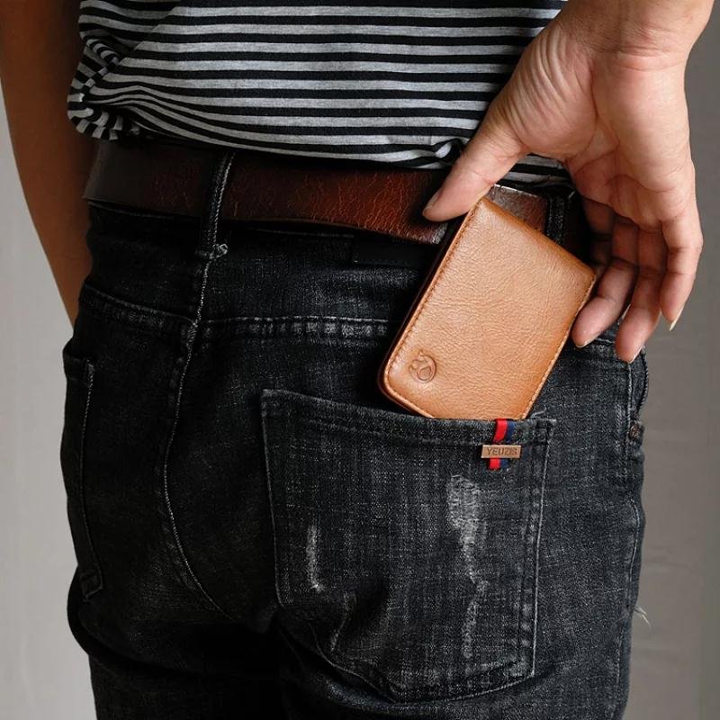 Vintage ID Card Genuine Leather Credit Men Front Pocket Slim Minimalist Bifold Pocket Wallet