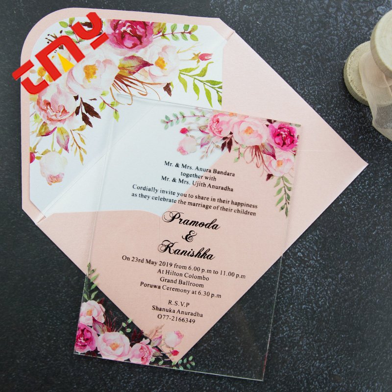 New Design Custom Luxury Printing Transparent Acrylic Name Place Wedding invitations Card With Envelope
