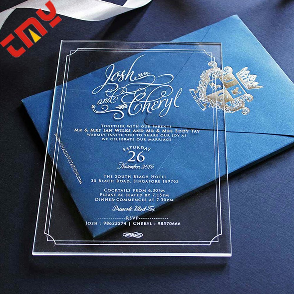 New Design Custom Luxury Printing Transparent Acrylic Name Place Wedding invitations Card With Envelope