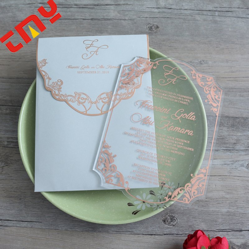New Design Custom Luxury Printing Transparent Acrylic Name Place Wedding invitations Card With Envelope