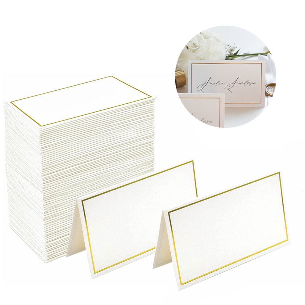 Factory wholesale blank white small paper table place card simply classic wedding table name card with sliver gold foil border