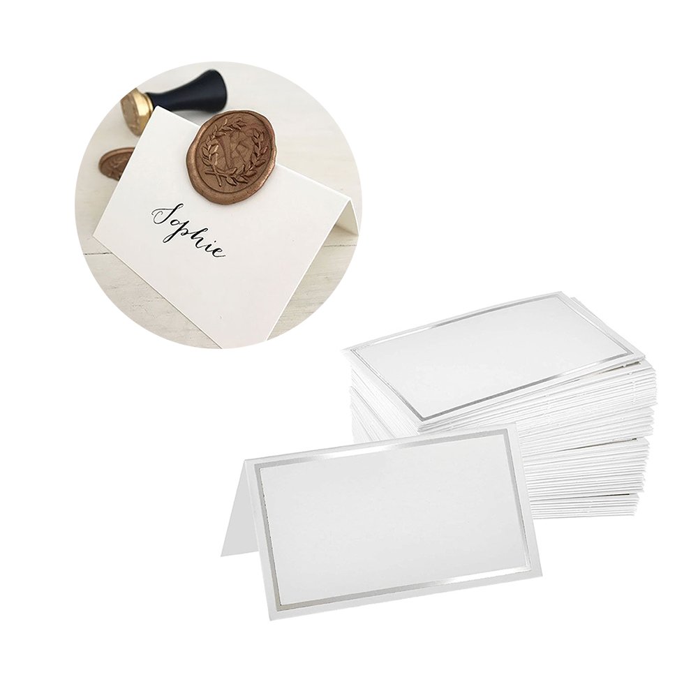 Factory wholesale blank white small paper table place card simply classic wedding table name card with sliver gold foil border