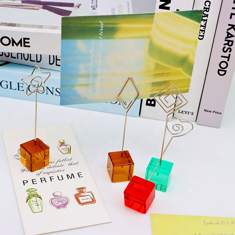 Cube Acrylic Base Shape Wire Memo Clip Table Number Card Photo Picture Memo Note Display Stand Holder