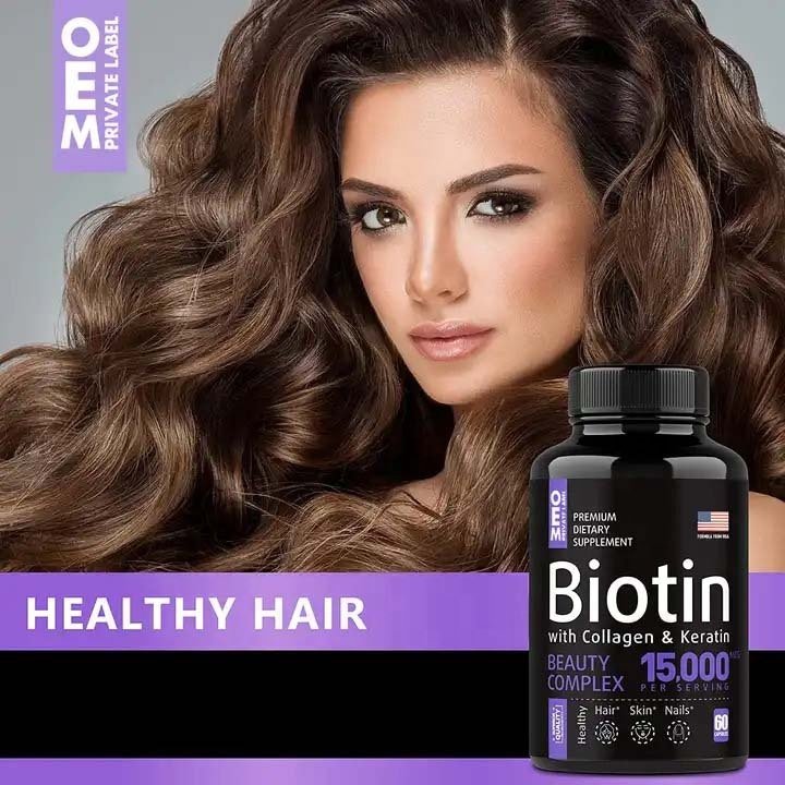 B1 B2 B3 B6 B7 Nails Skin Supplement 60 Capsules Biotin with Hyaluronic Acid Collagen Keratin Vitamins for Hair Growth