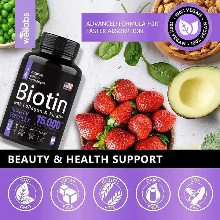 B1 B2 B3 B6 B7 Nails Skin Supplement 60 Capsules Biotin with Hyaluronic Acid Collagen Keratin Vitamins for Hair Growth