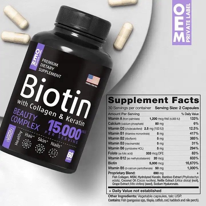 B1 B2 B3 B6 B7 Nails Skin Supplement 60 Capsules Biotin with Hyaluronic Acid Collagen Keratin Vitamins for Hair Growth