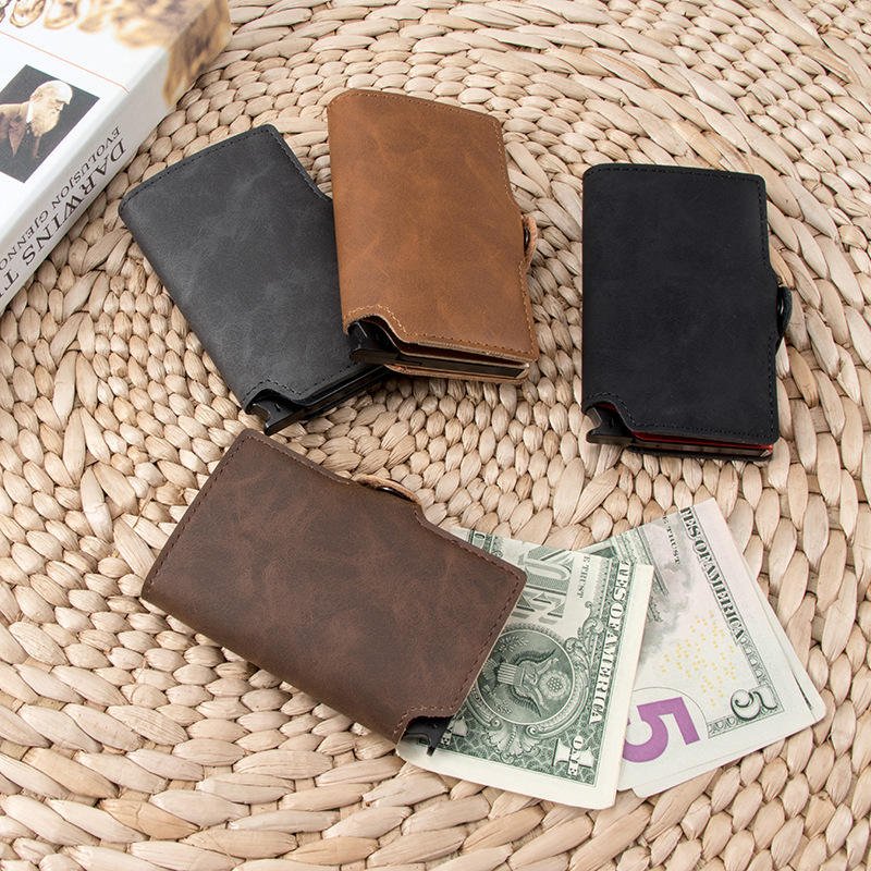 Vintage rfid steel wallet retractable id card holder rfid blocker wallet for men leather pu leather hand perse card and cash