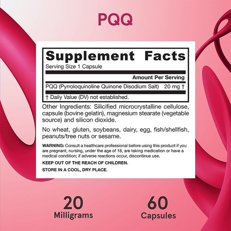 PQQ 20 mg 60 Capsules PQQ Dietary Supplement Gluten Free for Brain Heart Health & Cognitive Function