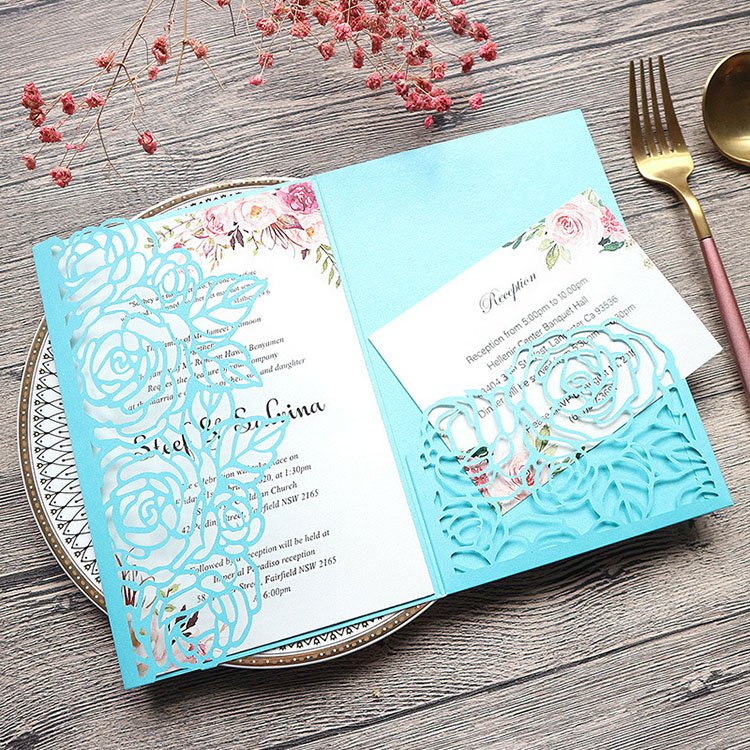 New Design Creative Pocket Fold Invitations Gold Laser Cut Pearl Paper Card With Wedding Place Details Card