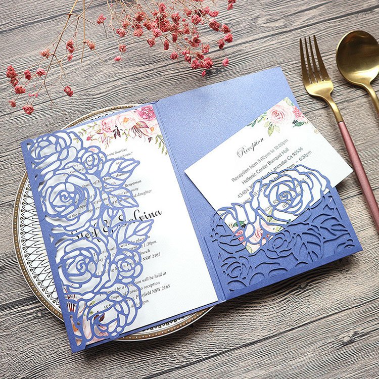New Design Creative Pocket Fold Invitations Gold Laser Cut Pearl Paper Card With Wedding Place Details Card
