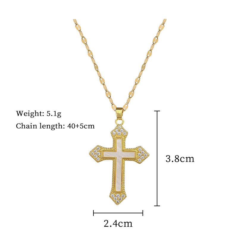 Sming July Release 18K Gold Plated Stainless Steel Shiny Diamond Shell Large Cross Fashion Necklace Jewelry for Women