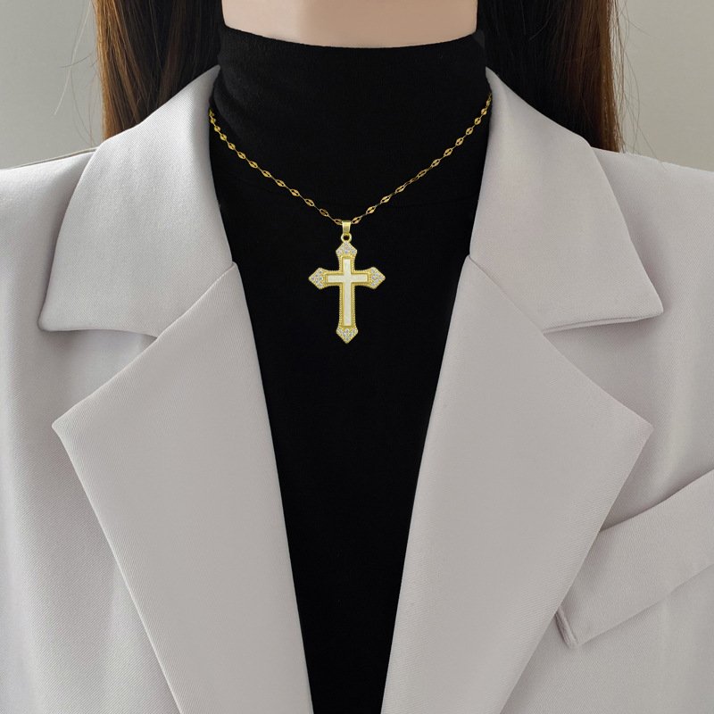 Sming July Release 18K Gold Plated Stainless Steel Shiny Diamond Shell Large Cross Fashion Necklace Jewelry for Women