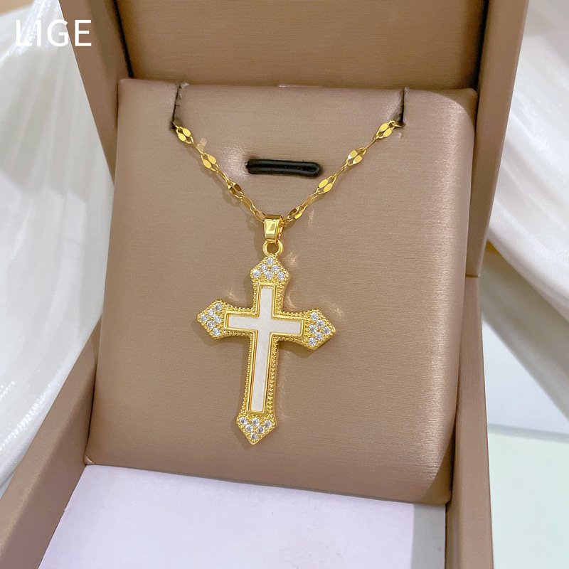 Sming July Release 18K Gold Plated Stainless Steel Shiny Diamond Shell Large Cross Fashion Necklace Jewelry for Women