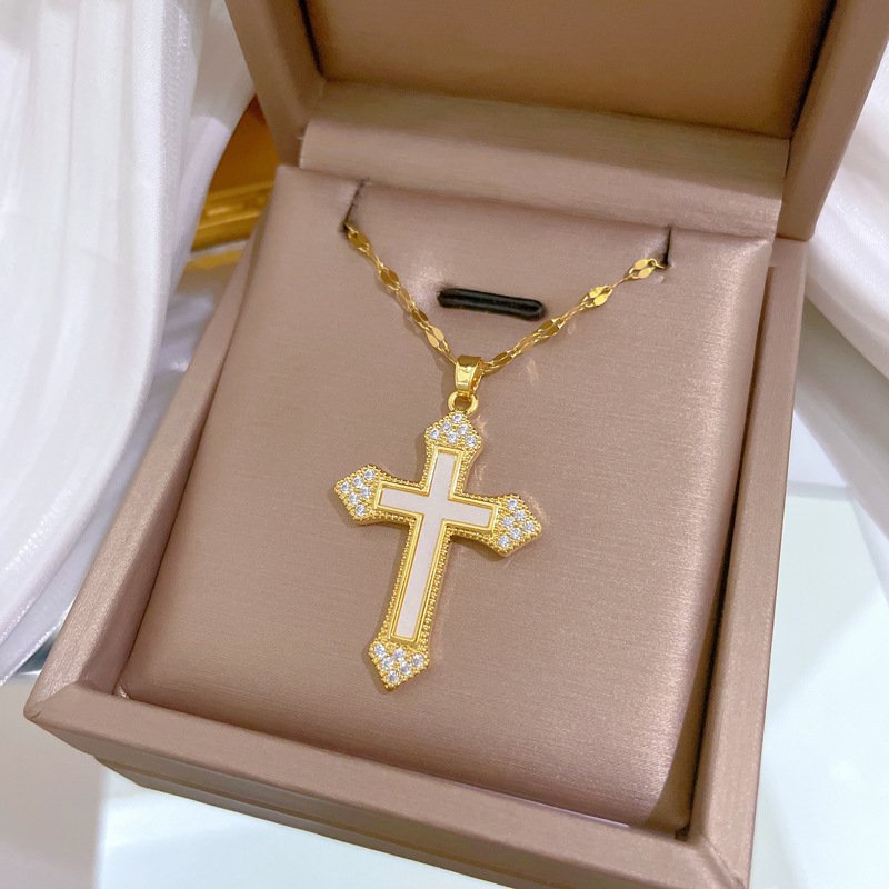 Sming July Release 18K Gold Plated Stainless Steel Shiny Diamond Shell Large Cross Fashion Necklace Jewelry for Women