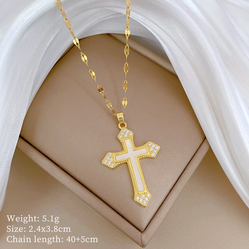 Sming July Release 18K Gold Plated Stainless Steel Shiny Diamond Shell Large Cross Fashion Necklace Jewelry for Women