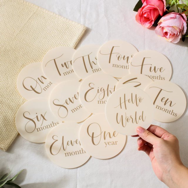 1/16" Thick Vintage Cream White Acrylic Place Card 4 Inches Round Modern Baby Milestones Party Sign Decoration Tag
