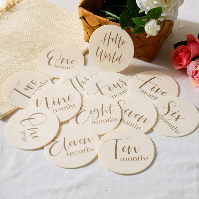 1/16" Thick Vintage Cream White Acrylic Place Card 4 Inches Round Modern Baby Milestones Party Sign Decoration Tag